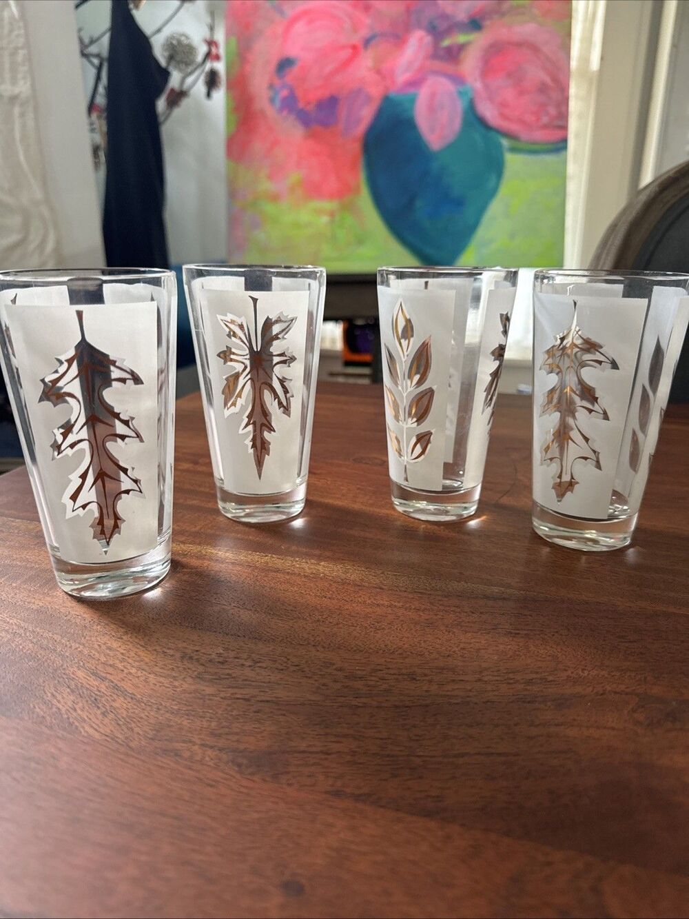 Set of 4 Vintage Libbey Frosted Gold Leaf 10oz Tumbler Barware Glasses